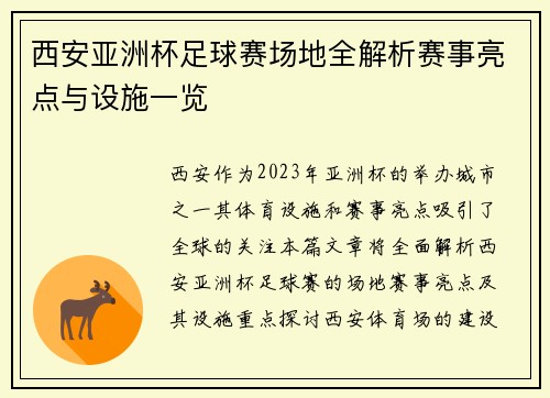 西安亚洲杯足球赛场地全解析赛事亮点与设施一览