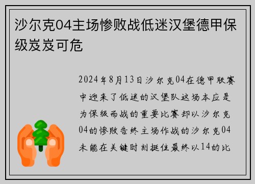 沙尔克04主场惨败战低迷汉堡德甲保级岌岌可危