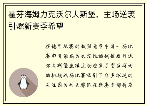 霍芬海姆力克沃尔夫斯堡，主场逆袭引燃新赛季希望