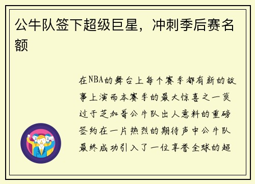 公牛队签下超级巨星，冲刺季后赛名额